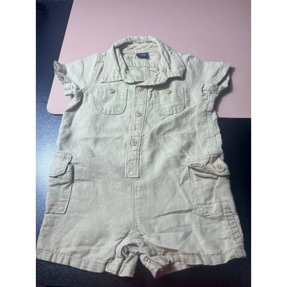 Baby Gap Boys Linen Cargo One-piece Overall for 0-3 Months Khaki Travel Casual